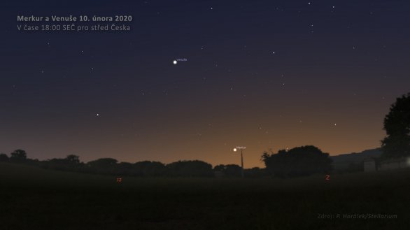 Merkur a Venuše na večerní obloze 10. února 2020. Autor: Petr Horálek/Stellarium.