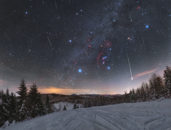 Kvadrantidy okolo Orionu a slabé Betelgeuze z ledna 2020. Autor: Petr Horálek.
