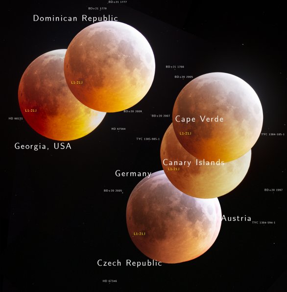 Astronomický snímek dne NASA 5. února 2020 - Perspektivy měsíčního zatmění (s popiskami). Autor: F. Pichardo, G. Hogan, P. Horálek, F. Hemmerich, S. Schraebler, L. Hašpl, R. Eder, M. Tangmatitham.