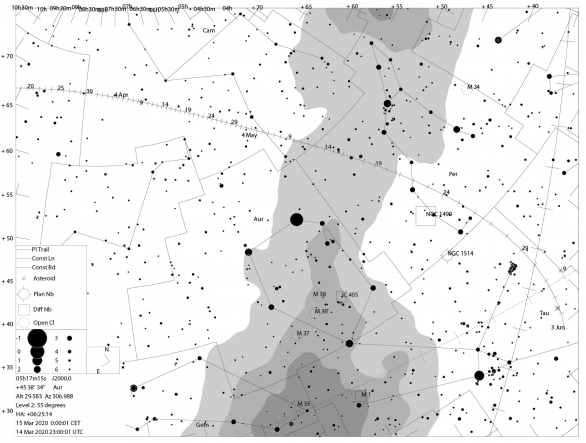 Dráha komety ATLAS mezi hvězdami až do července 2020. U nás přestane být pozorovatelná ve třetí dekádě května 2020, kdy bude procházet souhvězdím Persea. V té době najdeme kometu už jen nízko nad obzorem během soumraku nebo rozbřesku. Autor: Hvězdárna Valašské Meziříčí.