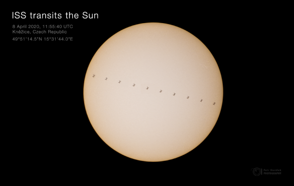 Přelet Mezinárodní kosmické stanice ISS před Sluncem 8. dubna 2020. Autor: Petr Horálek.