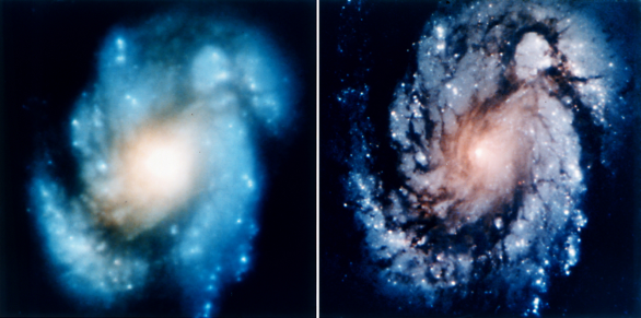 Slavná dvojice snímků galaxie M100 před opravou a po ní v roce 1993. Dnes už snímá dalekohled mnohem detailněji. Autor: NASA