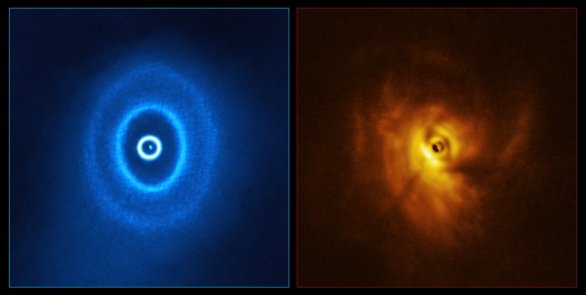 Systém GW Orionis pohledem ALMA a SPHERE (srovnání) Autor: ALMA (ESO/NAOJ/NRAO), ESO/Exeter/Kraus et al.