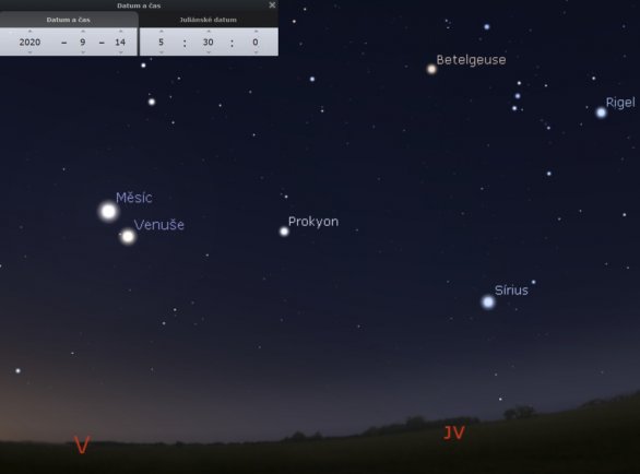 Přehledová mapka ze Stellaria zobrazující pohled na ranní oblohu 14. 9. směrem k jihovýchodu