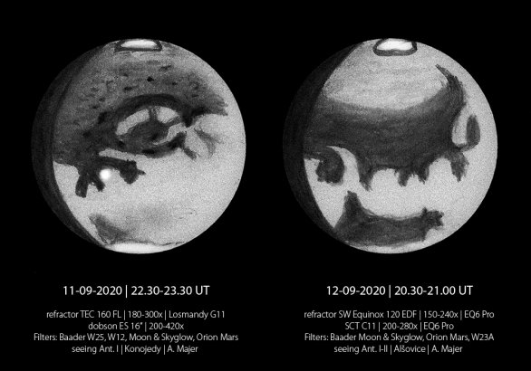 Kresby planety Mars z 11. a 12. září 2020, patrné jsou nejznámější útvary, jako je "oko" Solis Lacus na obrázku vlevo, nebo Mare Erythreum na druhém obrázku. Autor: Aleš Majer Kresby planety Mars z 11. a 12. září 2020, patrné jsou nejznámější útvary, jako je "oko" Solis Lacus na obrázku vlevo, nebo Mare Erythreum na druhém obrázku. Autor: Aleš Majer