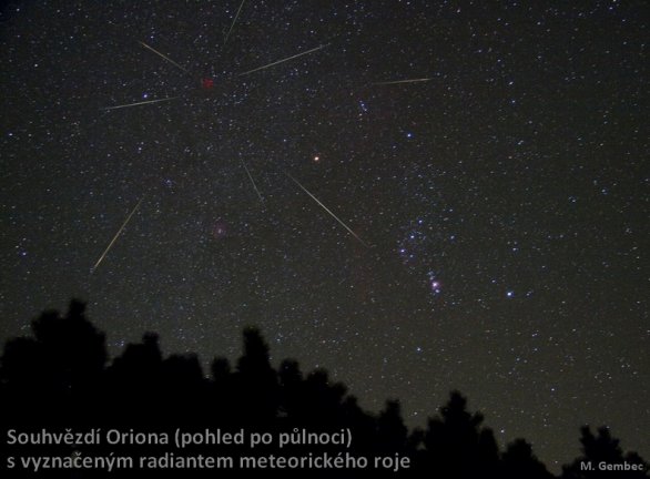 Fotomontáž meteorů do snímku Oriona s vyznačeným radiantem roje Orionid Autor: Martin Gembec