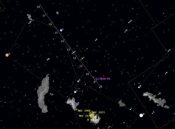 Poloha komety C/2020 M3 (ATLAS) 8. až 18. 11. ve 23:00 SEČ v souhvězdí Oriona