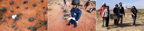 Návratové pouzdro sondy Hayabusa 2 po přistání v Austrálii. Nejprve bylo zajištěno pyrotechnikem, a poté převzato do speciálního kufru, v němž bude dopraveno do japonské laboratoře. Autor: JAXA