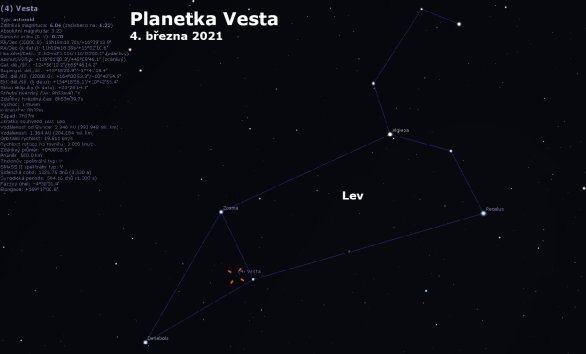 Poloha planetky Vesta v souhvězdí Lva při opozici 2021 Autor: Astro.cz/Stellarium/Petr Sobotka