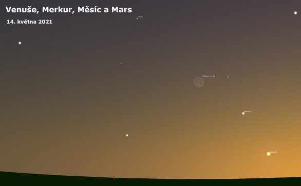 Venuše, Merkur a Mars ve společnosti měsíčního srpku Autor: Astro.cz/Stellarium/Lukáš Veselý