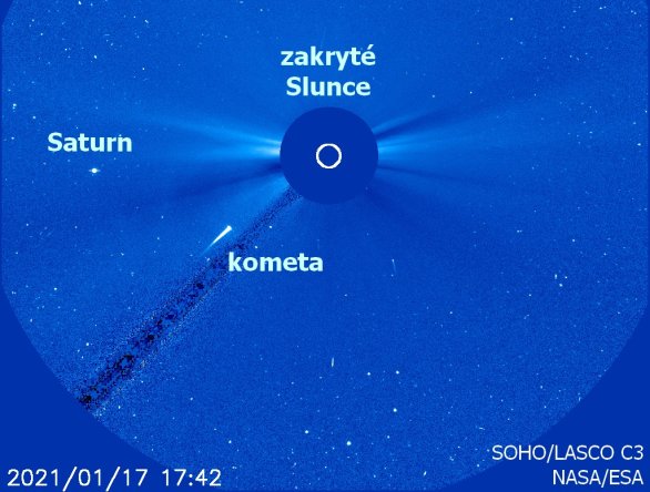 Kometa Kreutzovy rodiny v koronografu LASCO C3 17. ledna 2021 Autor: NASA/ESA