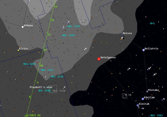 Pozice komety C/2021 A2 (NEOWISE) kolem 20:00 SEČ. Autor: Guide 9