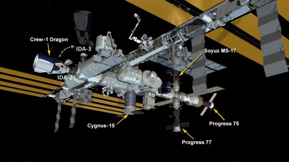 Konfigurace ISS k 19. březnu 2021 s naznačeným přesunem Crew Dragona 5. dubna 2021 z portu IDA-2 na IDA-3 Autor: NASA