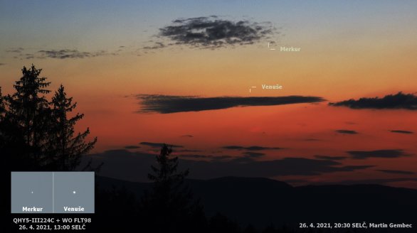 Merkur a Venuše 26. dubna 2021. Celkový pohled večer za soumraku, výřezy v pravé poledne přes dalekohled. Autor: Martin Gembec