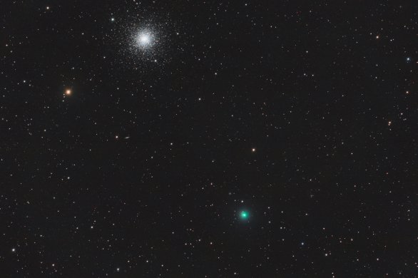 C/2020 T2 (Palomar) & M3 , 15. 5. 2021 01:25, Bulovka, Celestron EdgeHD 9.25" f/2.2 Hyperstar V4, Optolong L-Pro, ZWO ASI294MC Pro, 75x30sec, dark, flat, bias Autor: Roman Hujer