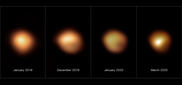 Snímky pořízené přístrojem SPHERE na dalekohledu ESO/VLT zachycují povrchové vrstvy rudého veleobra Betelgeuse během období výrazného snížení jasnosti na konci roku 2019 a začátku roku 2020. Snímek úplně vlevo byl pořízen v lednu 2019 a zachycuje hvězdu při běžné jasnosti, ostatní záběry z prosince 2019, ledna 2020 a března 2020 byly pořízeny v době, kdy jasnost hvězdy výrazně poklesla (tento pokles je dobře patrný především na jižní polokouli hvězdy). Jasnost Betelgeuse se vrátila k normálu v dubnu 2020. Autor: ESO/M. Montargès et al.