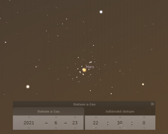 Mars v Jesličkách 23. června 2021 v simulaci Stellaria