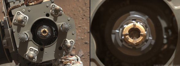 Sol 190, 3. 9. 2021, detail odběrového zařízení se vzorkem horniny z kamene Rochette Autor: NASA/JPL-Caltech