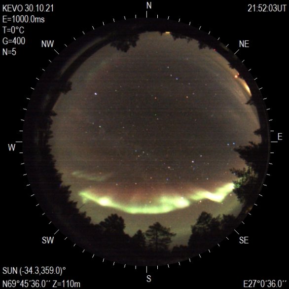 Aktuální snímky z celoooblohové kamery na severu Finska ukázaly alespoň nějakou polární záři Autor: Ilmatieteen laitos / Finský meteorologický ústav