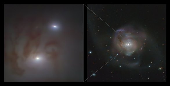 Dvojice jader galaxie NGC 7727. Snímek vlevo byl pořízen přístrojem MUSE a dalekohledem ESO/VLT, snímek vpravo získal dalekohled VST (VLT Survey Telescope). Oba přístroje pracují na Observatoři Paranal. Autor: ESO/Voggel et al.; ESO/VST ATLAS team. Acknowledgement: Durham University/CASU/WFAU