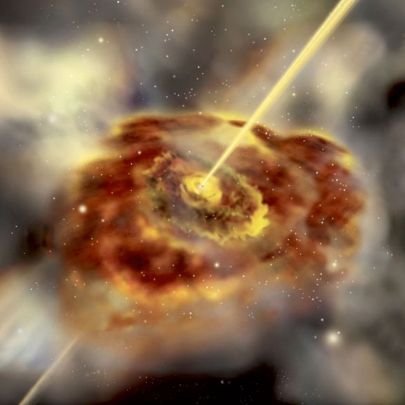 Superhmotné černé díry mohou produkovat velmi silné a životu nebezpečné záření, které dokáže zahubit civilizace v celé galaxii. Umělecká představa. Autor: ESO