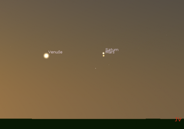 Těsná konjunkce Marsu a Saturnu 5. dubna ráno. Simulace programem Stellarium zachycuje polohu planet v 6 hodin SELČ. Autor: Stellarium/Jan Veselý