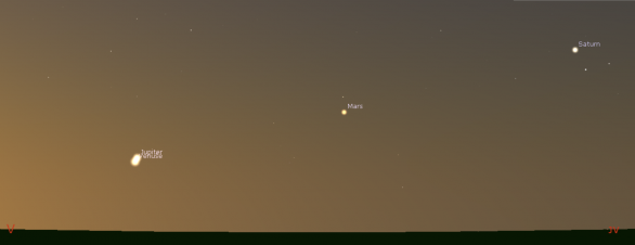 Jupiter s Venuší krátce po těsné konjunkci (0,23°) spolu s Marsem a Saturnem na obloze ráno 1. května v 5 hodin SELČ. Autor: Stellarium/Jan Veselý