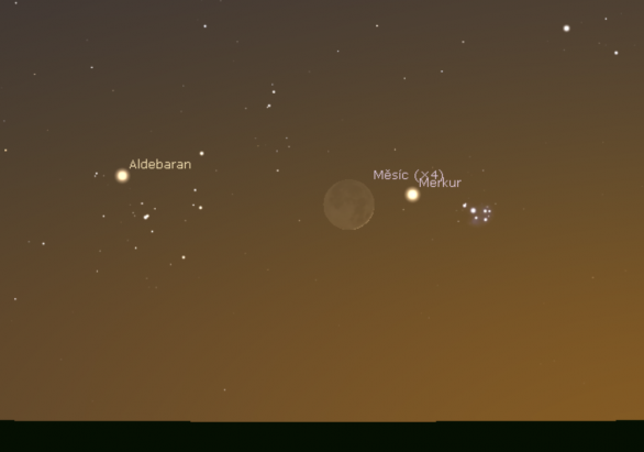 Dva dny starý srpek Měsíce v blízkosti Merkuru 2. května 2022 ve 21:15 SELČ. Na pozadí je souhvězdí Býka s hvězdokupou Kuřátka a jasnou hvězdou Aldebaran. Autor: Stellarium/Jan Veselý