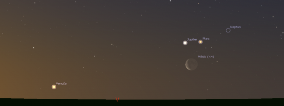 Měsíc spolu s Marsem, Jupiterem a Venuší 25. května ve 4 hodiny SELČ nad východním obzorem. Měsíc bude okolo planet procházet od 25. do 27. května. Autor: Stellarium/Jan Veselý
