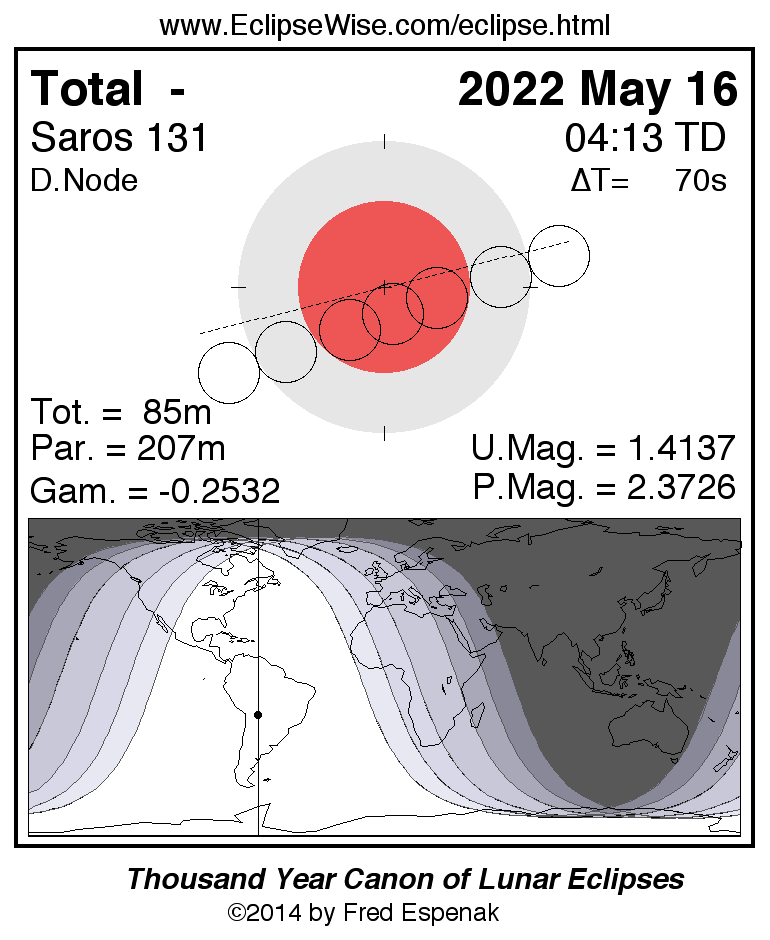 Průběh zatmění Měsíce 16. května 2022 a mapa jeho viditelnosti. Autor: Fred Espenak / mreclipse.com