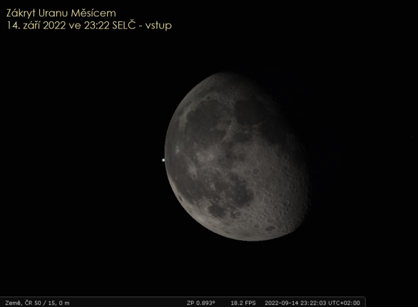 Zákryt Uranu Měsícem začne ve výšce 21° nad východním obzorem. Čas vstupu na obrázku platí pro průsečík 15. poledníku a 50. rovnoběžky, na jiných místech našeho území se může lišit v řádu minut. Autor: Stellarium/Jan Veselý
