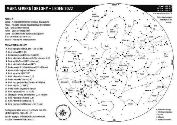 Mapa oblohy s úkazy v lednu 2022 Autor: Aleš Majer
