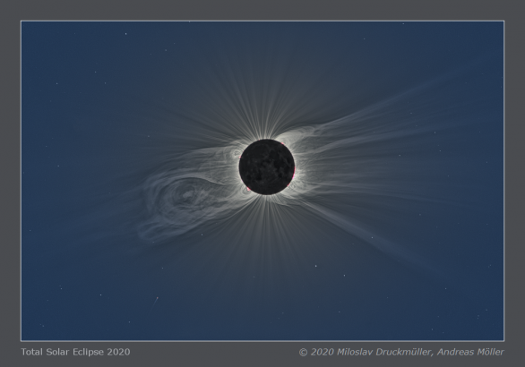 Úplné zatmění Slunce 14. 12. 2020 - koróna do vzdálenosti až osmi poloměrů Slunce Autor: Miroslav Druckmüller a Andreas Möller