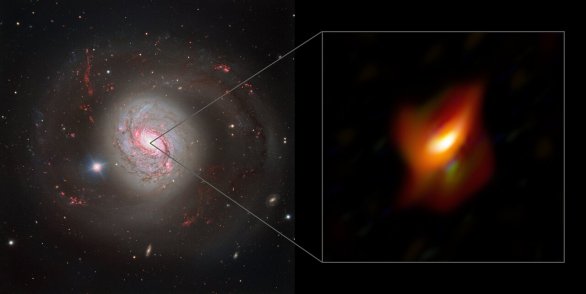 Galaxie M77 a detailní pohled do jejího středu - levý panel obrázku zachycuje aktivní galaxii M77, snímek byl pořízen kamerou FORS2 (FOcal Reducer and low dispersion Spectrograph 2) a dalekohledem ESO/VLT. Na pravé straně je vyobrazen detail okolí aktivního jádra této galaxie, jak jej zachytil přístroj MATISSE pro interferometr ESO/VLTI (Very Large Telescope Interferometer).