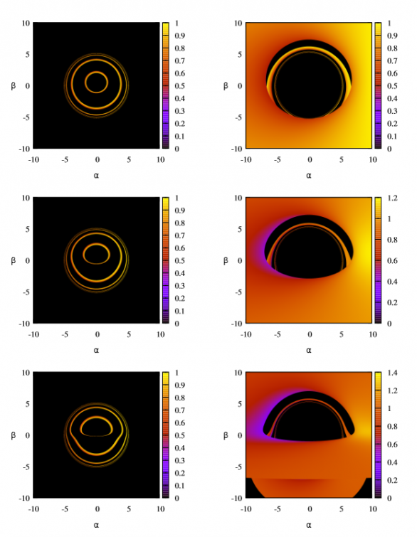 Příklad vzhledu fotonové sféry okolo teoretické červí díry na druhém konci (vlevo) a při pohledu z naší strany pozorování (vpravo) pro různé sklony rotační roviny hmoty kolem červí díry. Obraz disku na druhé straně červí díry by se nacházel uvnitř obrazu disku na naší straně a dával by tak jasný signál existence červí díry. Autor: Z. Stuchlík a J. Schee