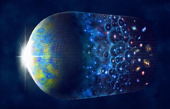 Vývoj vesmíru od Velkého třesku na levé straně následovaný objevením kosmického mikrovlnného pozadí (Cosmic Microwave Background – CMB). Vznikem prvních hvězd byl ukončen kosmický temný věk, následoval vznik galaxií. Autor: M. Weiss/Harvard-Smithsonian Center for Astrophysics