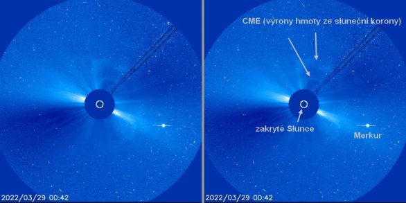 Popis CME uvolněných v noci na 29. března 2022 - koronograf LASCO C3 se nachází na sondě SOHO, cca 1,5 mil. km od Země směrem ke Slunci Autor: NASA/ESA/SOHO/LASCO C3
