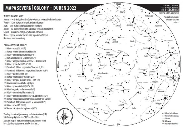 Mapa oblohy s úkazy v dubnu 2022 Autor: Aleš Majer
