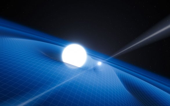 Neutronová hvězda (vpravo) ve svém gravitačním poli (znázorněné sítí) interaguje s nedalekou hvězdou. Díky této interakci lze lépe určit vlastnosti neutronové hvězdy samotné včetně její „obezity“. Umělecká grafika Autor: ESO/L. Calçada