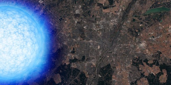 Neutronová hvězda v porovnání s německým Mnichovem. Na šířku je Mnichov zhruba tak velký, jaký mají průměr největší pozorované neutronové hvězdy – asi 27 kilometrů. Grafika Autor: ESO / ESRI World Imagery, L. Calçada