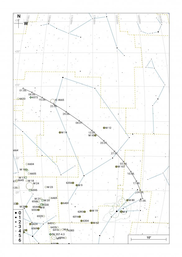 Schématická mapka s dráhou komety C/2017 K2 (Panstarrs) na období od června do srpna 2022 Autor: CzSky