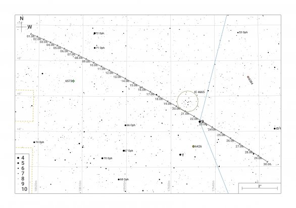 Podrobná vyhledávací mapka pro kometu C/2017 K2 (Panstarrs) pro červen 2022 Autor: CzSky