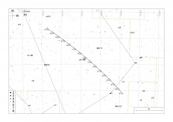 Podrobná vyhledávací mapka pro kometu C/2017 K2 (Panstarrs) pro červenec 2022 Autor: CzSky