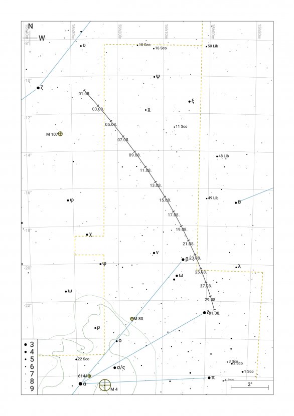 Podrobná vyhledávací mapka pro kometu C/2017 K2 (Panstarrs) pro srpen 2022 Autor: CzSky