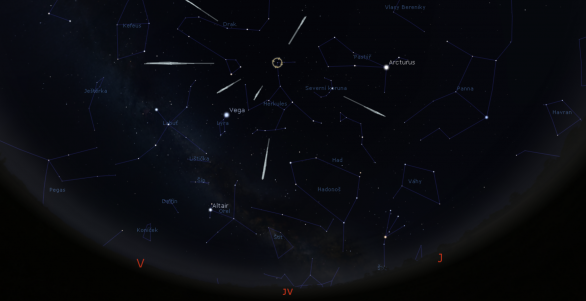 Takto by asi vypadal obrázek pro hypotetický roj tau Herculid. Mapa odpovídá 31. 5. v 00 SELČ. problém roku 2022 je, že skutečný radiant může být níže vpravo u jasné hvězdy Arcturus v souhvězdí Pastýře. Autor: Stellarium/Martin Gembec