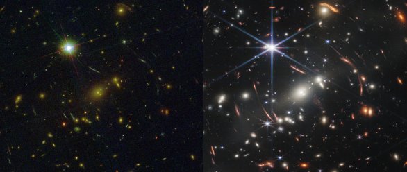 Srovnání nesrovnatelného - snímek z JWST musel být 4× zmenšen a i tak je dechberoucí ve srovnání s daty z HST. Navíc Hubble fotografoval uvedené pole po dobu několika týdnů, JWST asi 12,5 hodiny. Data jsou v blízkém infračerveném oboru. Autor: NASA/ESA