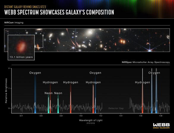 Spektrum extrémně slabé, 13,1 miliardy let vzdálené galaxie na pozadí prvního Webbova hlubokého pole pořízené přístrojem NIRSpec Autor: NASA/JWST