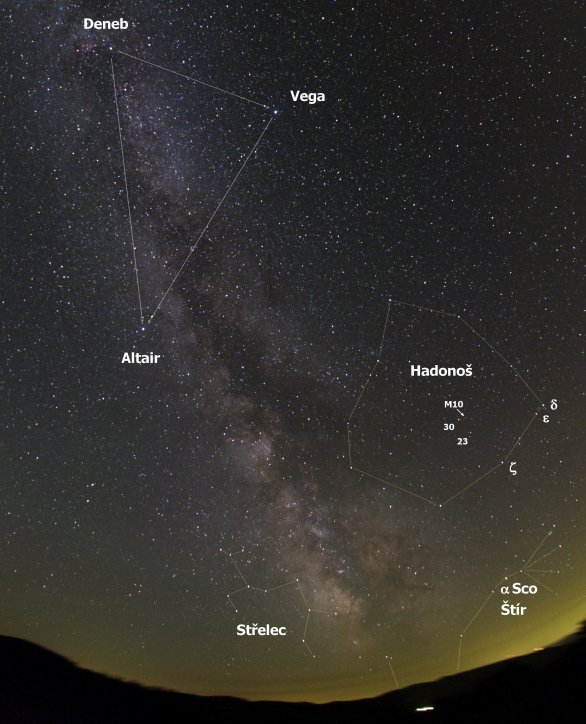 Poloha souhvězdí Hadonoše s hvězdokupou M10 na širokoúhlém záběru z chorvatských hor Autor: Martin Gembec