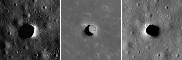 Jáma na Měsíci fotografovaná za různého osvětlení sondou Lunar Reconnaissance Orbiter. Objekt na snímku se jmenuje Marius Hills pit. Na snímku uprostřed si za poledního Slunce mohli vědci prohlédnout dno jámy. Zjistilo se, že je 34 metrů hluboká a 65 krát 90 m široká. Autor: NASA/GSFC/Arizona State University