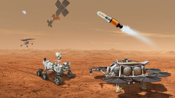 Na této kresbě vidíme koncept mise návratu vzorků z Marsu (Mars Sample Return) po revizi v roce 2022. K platformě s návratovou raketou má vzorky dopravit přímo Perseverance a pomoci jí mohou i dvě helikoptéry. Na oběžné dráze na vzorky počká návratová družice. Autor: NASA/JPL-Caltech